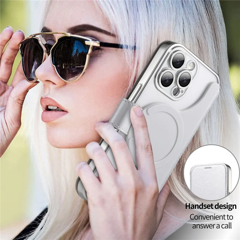 For iPhone 15 Pro Max Case Compatible with MagSafe Detachable Leather Phone Cover with Lens Film - Silver
