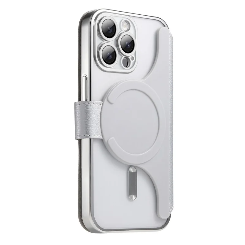 For iPhone 15 Pro Max Case Compatible with MagSafe Detachable Leather Phone Cover with Lens Film - Silver