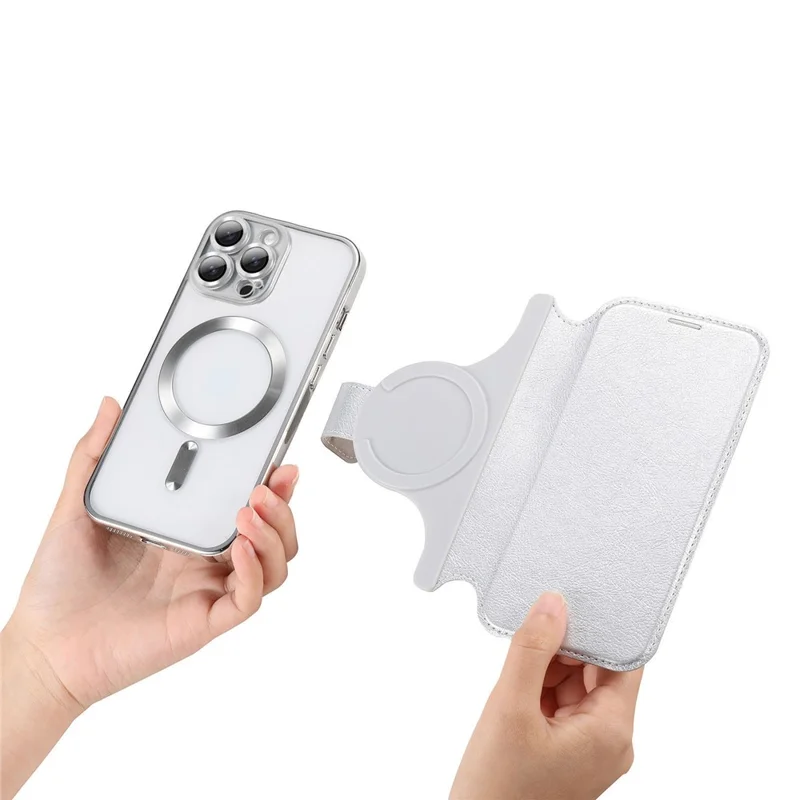For iPhone 15 Pro Max Case Compatible with MagSafe Detachable Leather Phone Cover with Lens Film - Silver