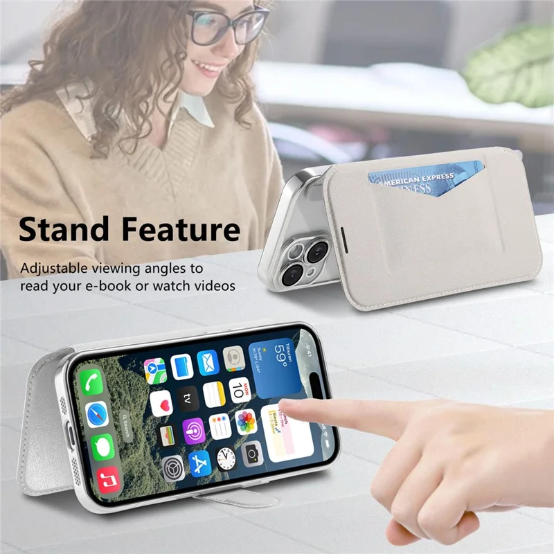 For iPhone 15 Pro Max Case Compatible with MagSafe Detachable Leather Phone Cover with Lens Film - Silver