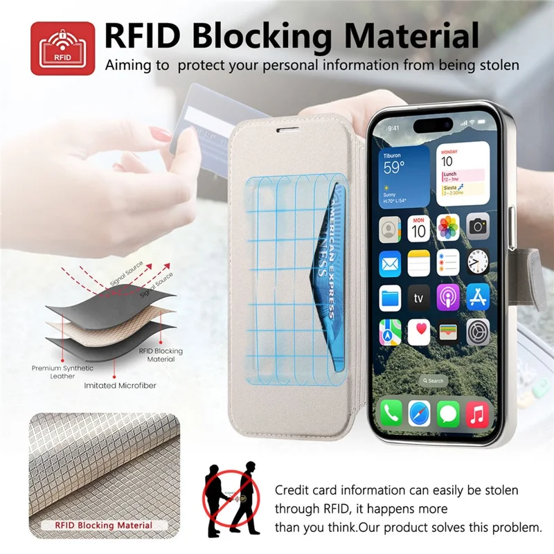 For iPhone 15 Pro Max Case Compatible with MagSafe Detachable Leather Phone Cover with Lens Film - Silver