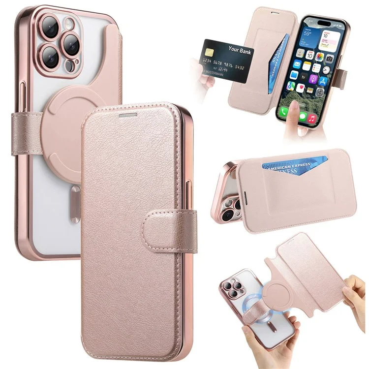 Für iPhone 15 Pro Hülle kompatibel mit MagSafe abnehmbare Leder-Handyhülle mit Linsenfilm - Roségold
