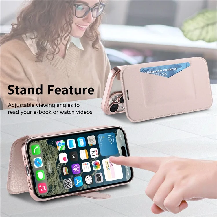 Für iPhone 15 Pro Hülle kompatibel mit MagSafe abnehmbare Leder-Handyhülle mit Linsenfilm - Roségold