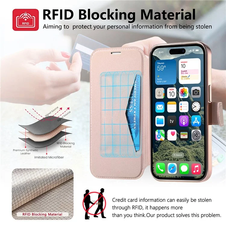 Für iPhone 15 Pro Hülle kompatibel mit MagSafe abnehmbare Leder-Handyhülle mit Linsenfilm - Roségold