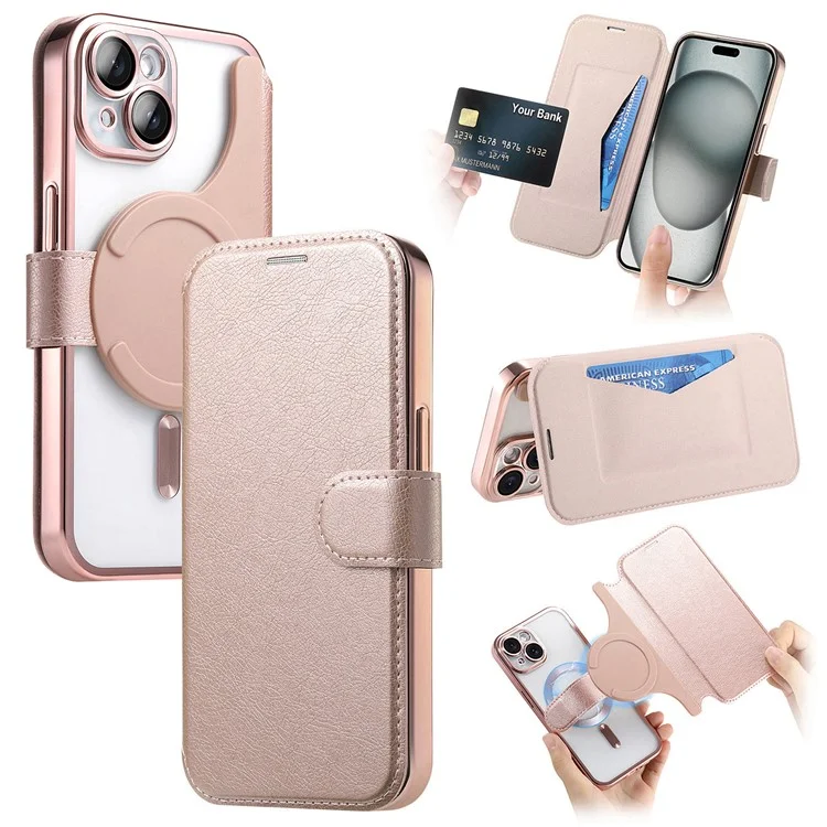 Für iPhone 15 Hülle kompatibel mit MagSafe abnehmbares Leder-Handyhülle mit Linsenfilm - Roségold