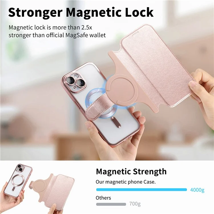 Für iPhone 15 Hülle kompatibel mit MagSafe abnehmbares Leder-Handyhülle mit Linsenfilm - Roségold