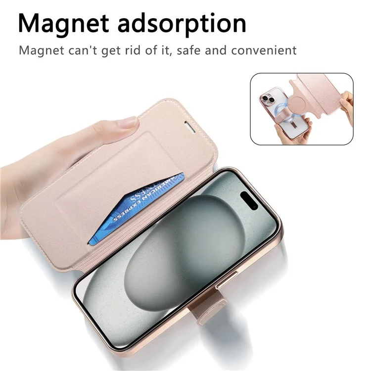 Für iPhone 15 Hülle kompatibel mit MagSafe abnehmbares Leder-Handyhülle mit Linsenfilm - Roségold