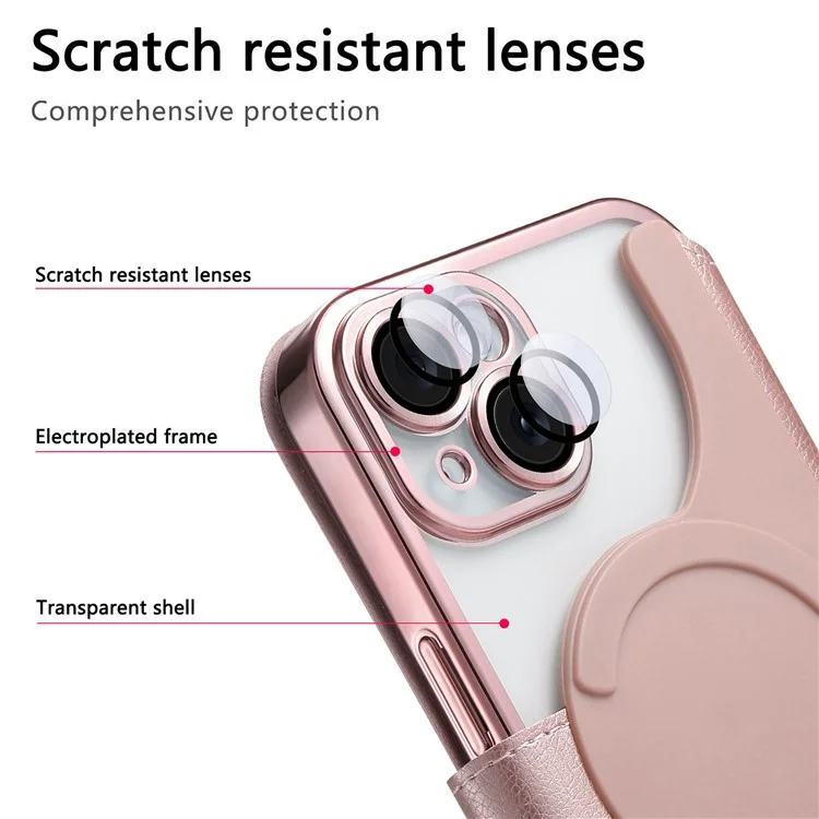 Für iPhone 15 Hülle kompatibel mit MagSafe abnehmbares Leder-Handyhülle mit Linsenfilm - Roségold