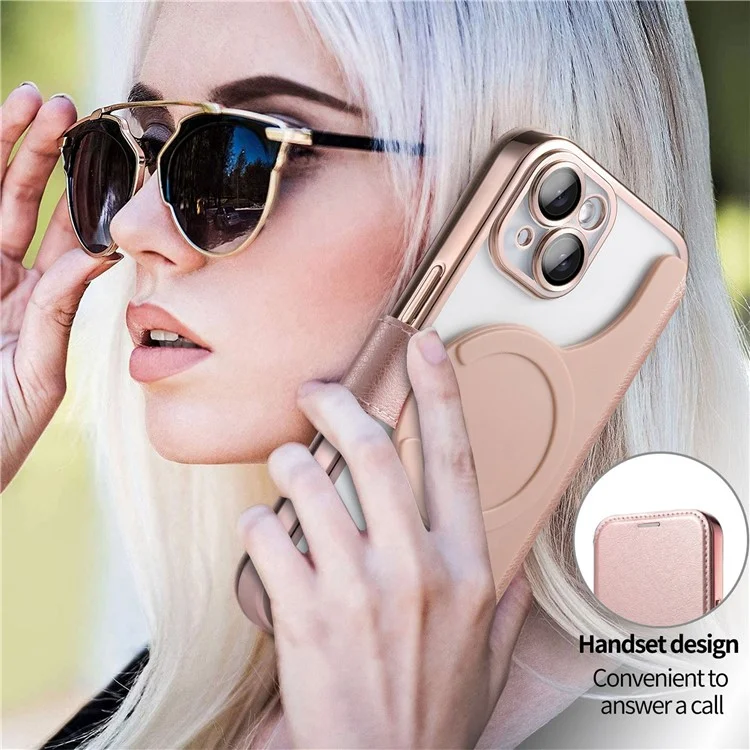 Für iPhone 15 Hülle kompatibel mit MagSafe abnehmbares Leder-Handyhülle mit Linsenfilm - Roségold