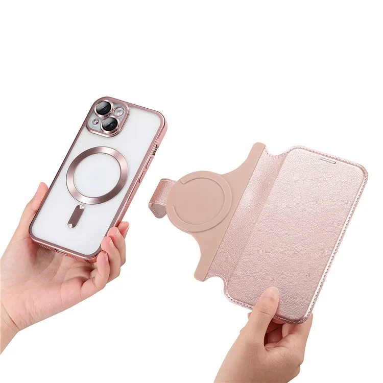 Für iPhone 15 Hülle kompatibel mit MagSafe abnehmbares Leder-Handyhülle mit Linsenfilm - Roségold