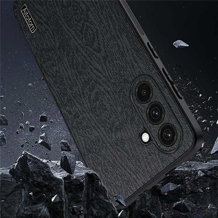 Capa para Samsung Galaxy A56 5G, textura de madeira, revestida em couro sintético PU e PC TPU - Preta