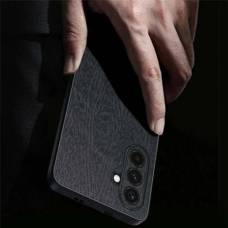 Capa para Samsung Galaxy A56 5G, textura de madeira, revestida em couro sintético PU e PC TPU - Preta