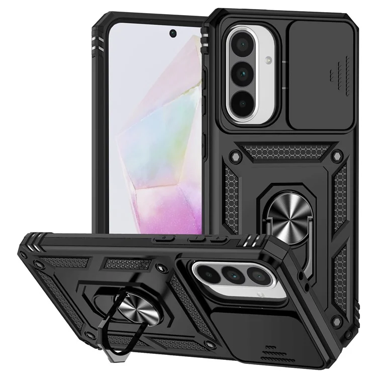 Custodia per Samsung Galaxy A36 5G in PC + TPU con protezione per l'obiettivo e supporto - Nero