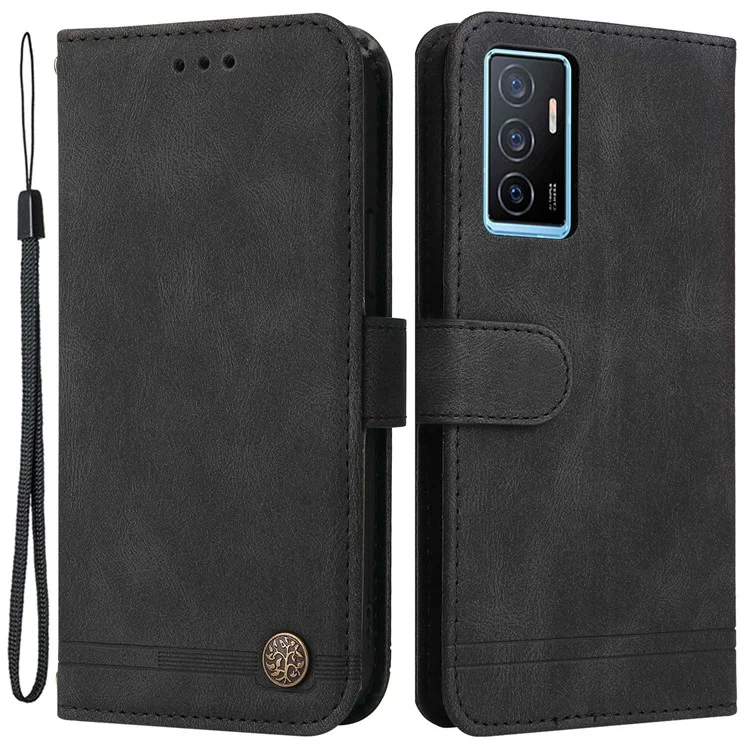Pour Vivo Y75 4G / V23e 4G / Lignes en Cuir PU à Touche 5G 5G Table PU Imprestements Mateur de Cas Magnetique Motre Metal Metal Flip Stand Téléphone Couvert - le Noir