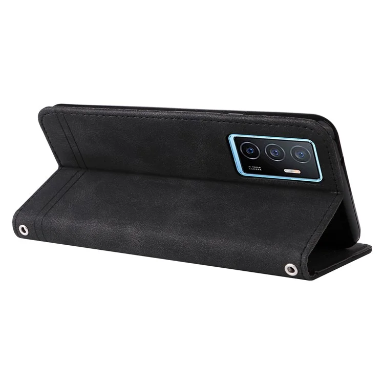 Pour Vivo Y75 4G / V23e 4G / Lignes en Cuir PU à Touche 5G 5G Table PU Imprestements Mateur de Cas Magnetique Motre Metal Metal Flip Stand Téléphone Couvert - le Noir
