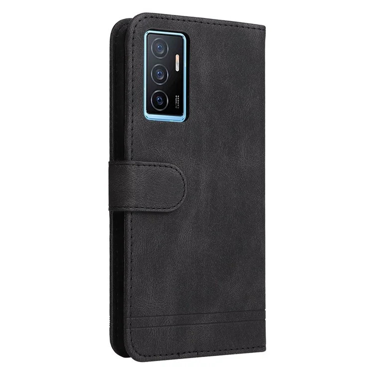 Pour Vivo Y75 4G / V23e 4G / Lignes en Cuir PU à Touche 5G 5G Table PU Imprestements Mateur de Cas Magnetique Motre Metal Metal Flip Stand Téléphone Couvert - le Noir