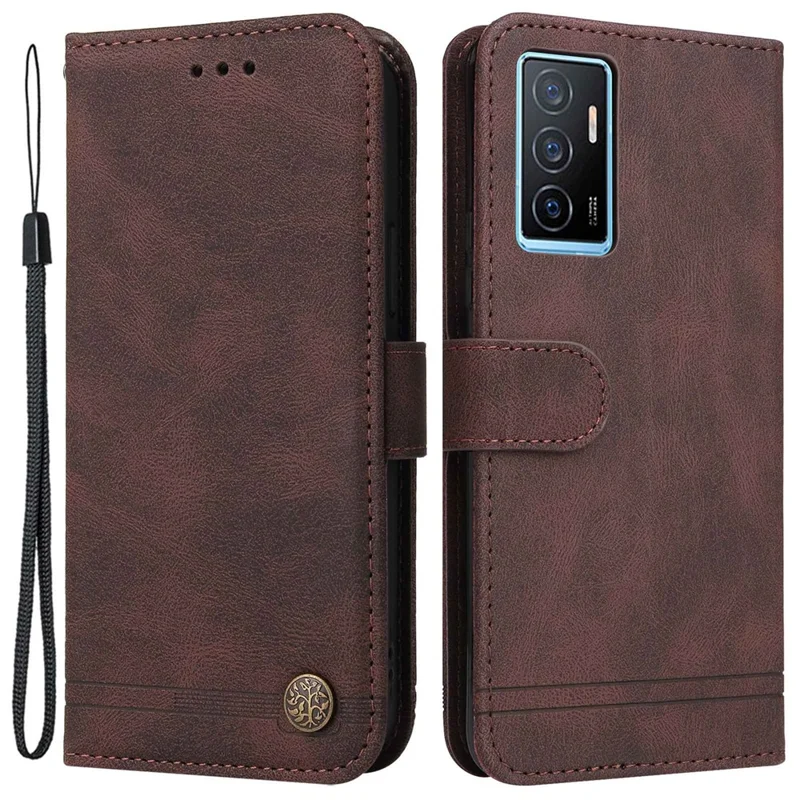 For vivo Y75 4G / V23e 4G / 5G Leather Wallet Cases Skin Touch Phone Cover Stand with Strap - Brown
