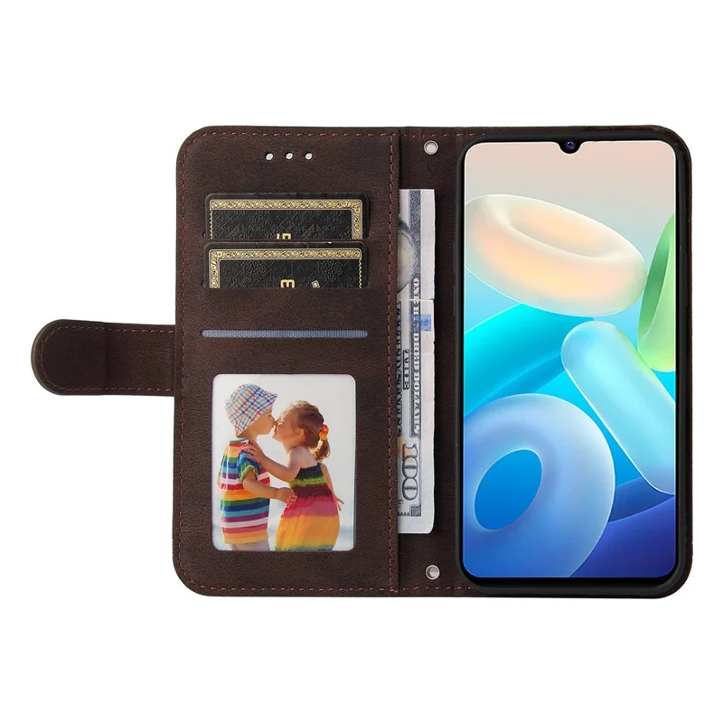 For vivo Y75 4G / V23e 4G / 5G Leather Wallet Cases Skin Touch Phone Cover Stand with Strap - Brown
