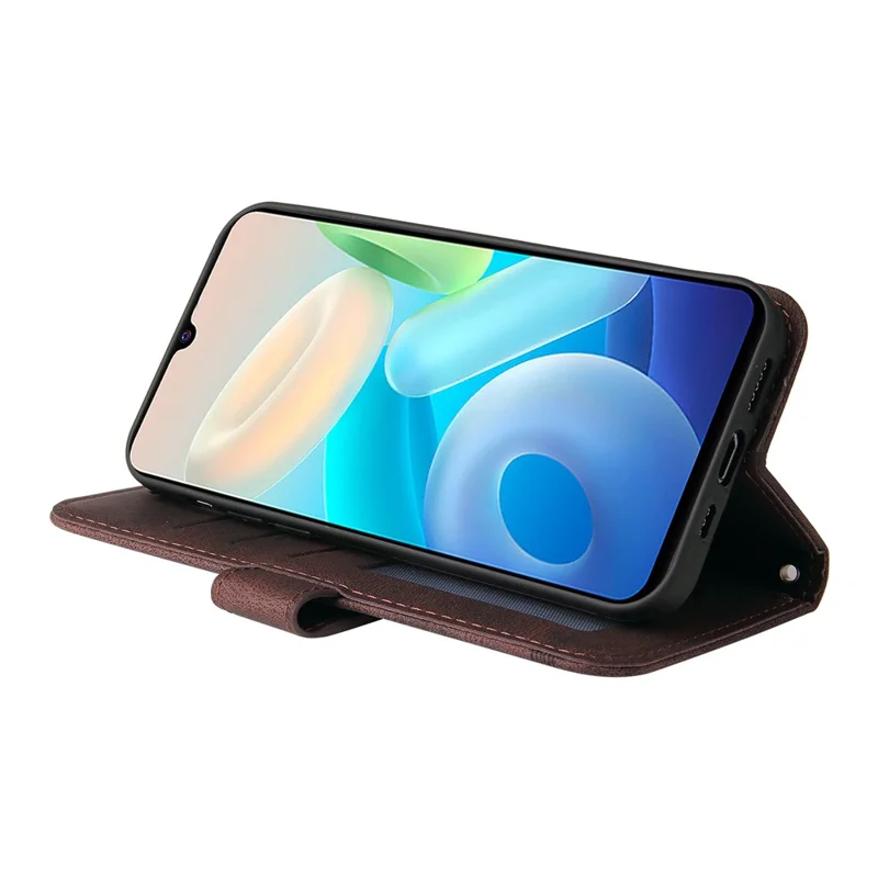 For vivo Y75 4G / V23e 4G / 5G Leather Wallet Cases Skin Touch Phone Cover Stand with Strap - Brown