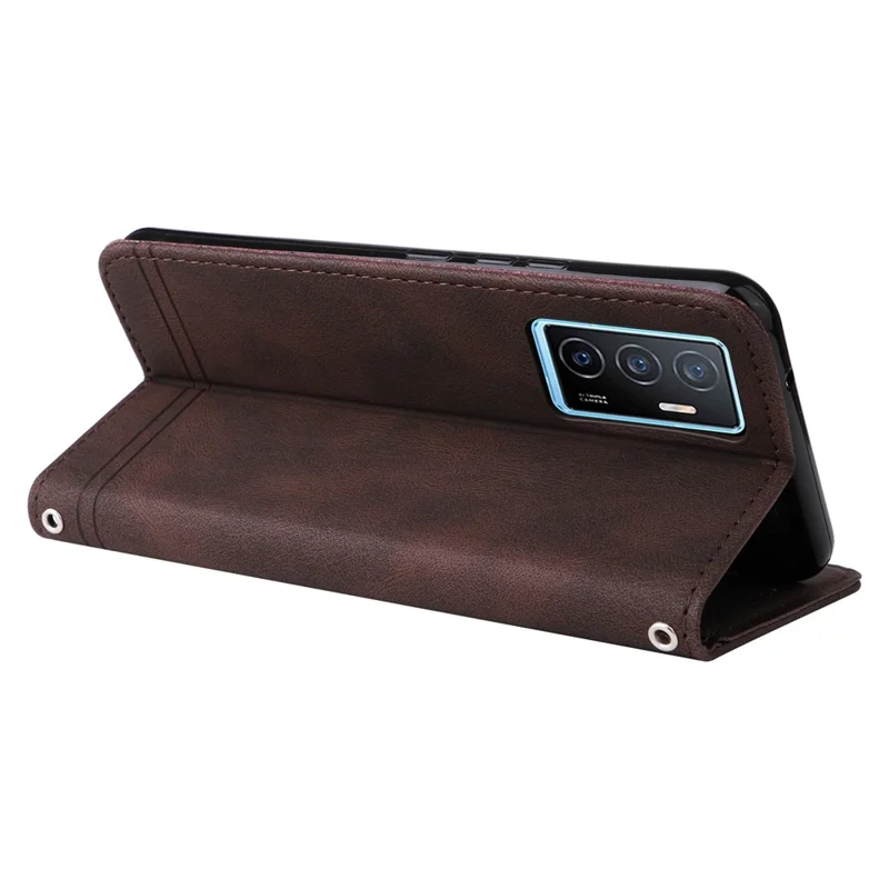 For vivo Y75 4G / V23e 4G / 5G Leather Wallet Cases Skin Touch Phone Cover Stand with Strap - Brown