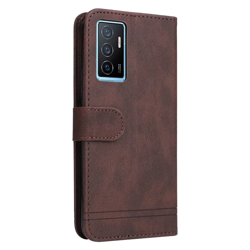 For vivo Y75 4G / V23e 4G / 5G Leather Wallet Cases Skin Touch Phone Cover Stand with Strap - Brown