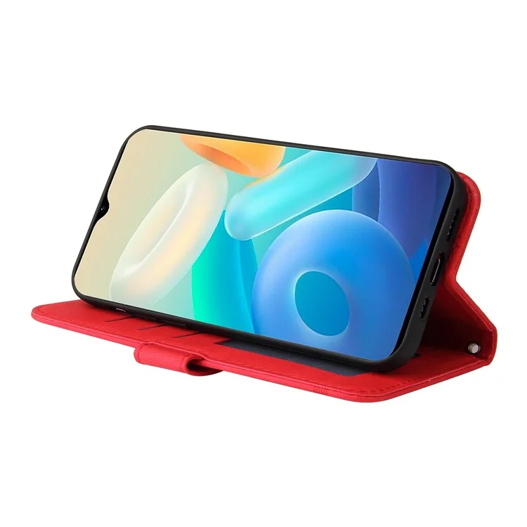 For vivo Y77 5G / Y77e 5G / Y77e (t1) 5G / iQOO Z6 Lite 5G Leather Wallet Cases Skin Touch Phone Cover Stand with Strap - Red