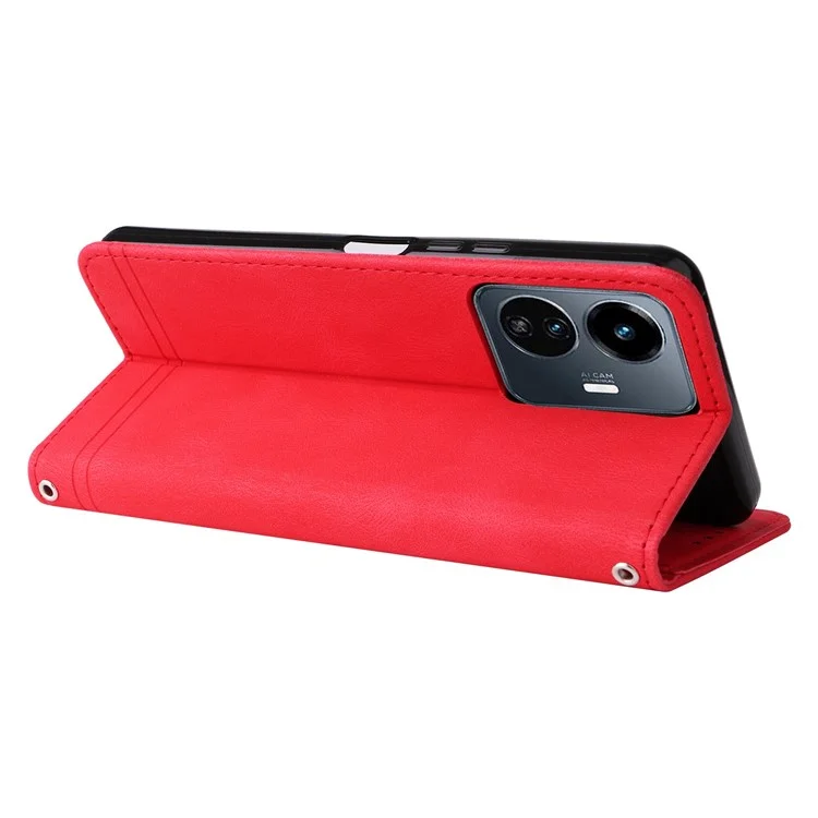 For vivo Y77 5G / Y77e 5G / Y77e (t1) 5G / iQOO Z6 Lite 5G Leather Wallet Cases Skin Touch Phone Cover Stand with Strap - Red