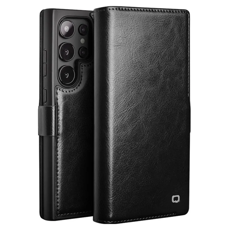 Capa QIALINO para Samsung Galaxy S25 Ultra, em couro genuíno de vaca, com carteira e fechamento magnético - Preta