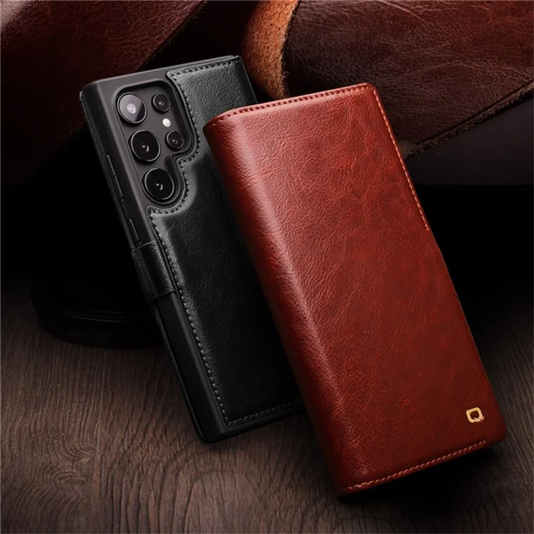 Capa QIALINO para Samsung Galaxy S25 Ultra, em couro genuíno de vaca, com carteira e fechamento magnético - Preta