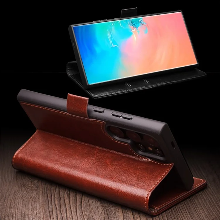 Capa QIALINO para Samsung Galaxy S25 Ultra, em couro genuíno de vaca, com carteira e fechamento magnético - Preta