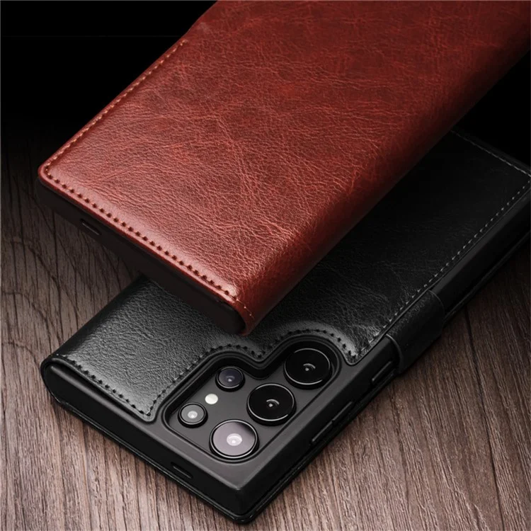 Capa QIALINO para Samsung Galaxy S25 Ultra, em couro genuíno de vaca, com carteira e fechamento magnético - Preta