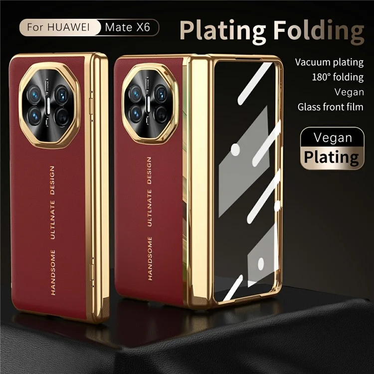 For Huawei Mate X6 Case PU Leather+PC Electroplating Phone Cover with Tempered Glass Screen Film - Red