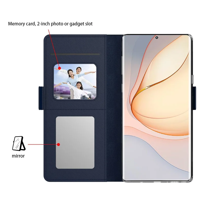For ZTE Blade A35 Case Stand PU Leather Phone Cover Card Holder Mirror - Blue