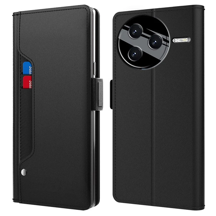 Für Xiaomi Redmi K80 Pro 5G Hülle Ständer PU-Leder Handyhülle Kartenfach Spiegel - Schwarz