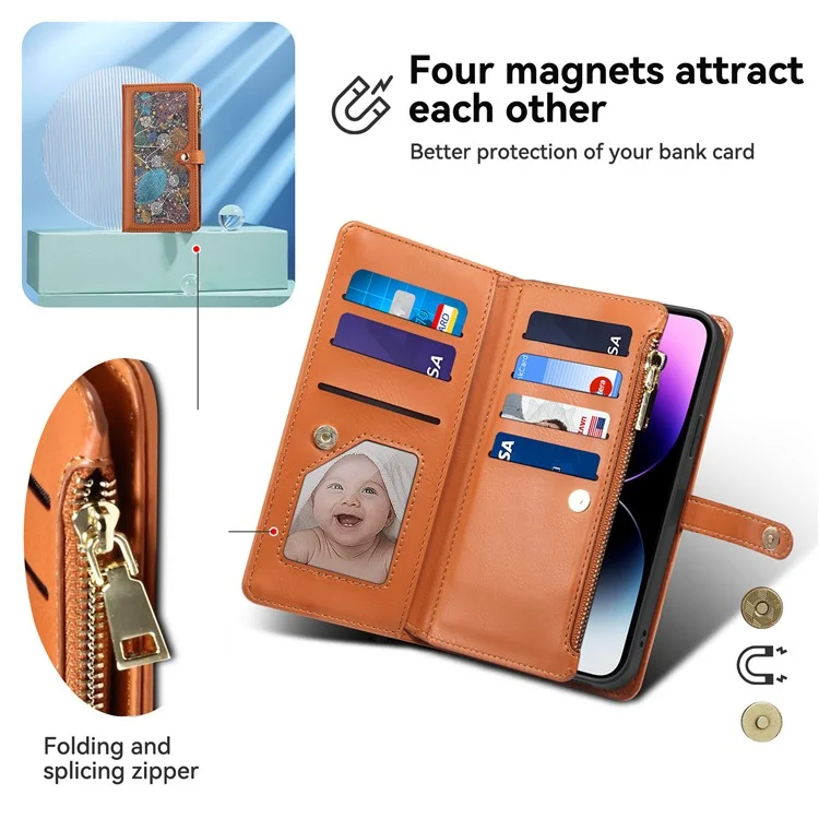 Capa de telefone de couro com zíper da série Galaxy ESEBLE para Samsung Galaxy A26 5G com bloqueio RFID - Marrom