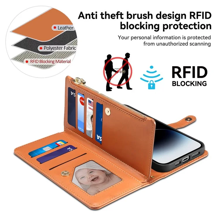 Capa de telefone de couro com zíper da série Galaxy ESEBLE para Samsung Galaxy A26 5G com bloqueio RFID - Marrom