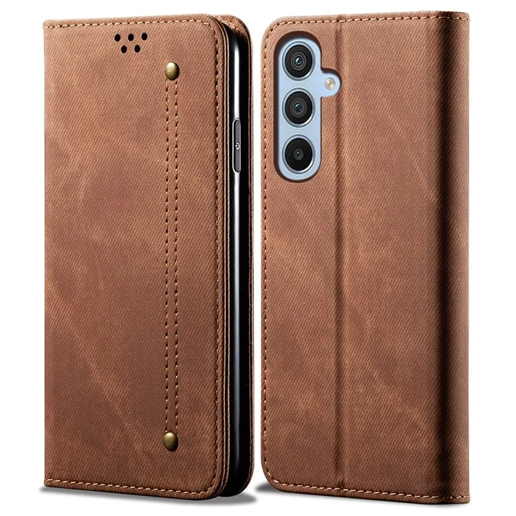 Custodia per Samsung Galaxy A26 5G in tessuto di jeans, con texture anti-graffio e supporto in pelle - Caffè
