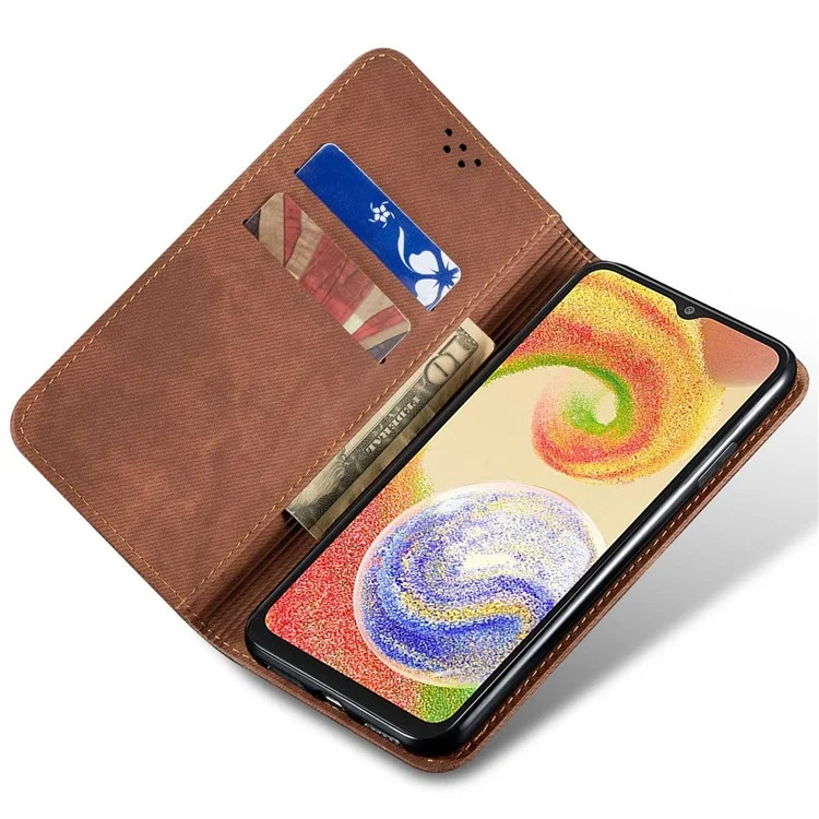 Custodia per Samsung Galaxy A26 5G in tessuto di jeans, con texture anti-graffio e supporto in pelle - Caffè