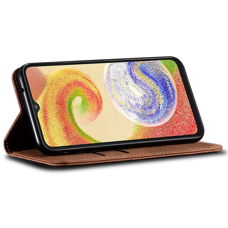 Custodia per Samsung Galaxy A26 5G in tessuto di jeans, con texture anti-graffio e supporto in pelle - Caffè