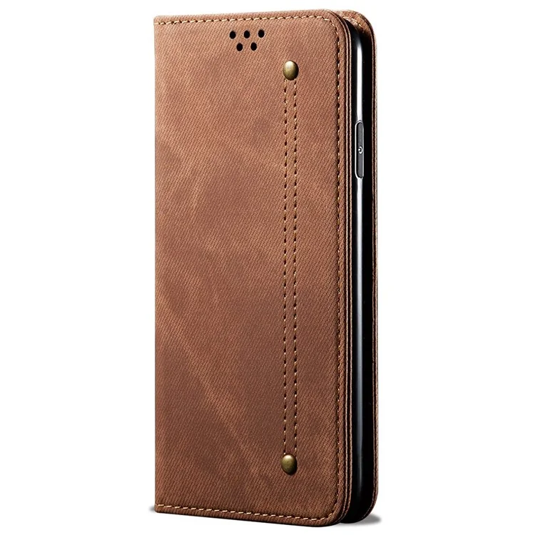 Custodia per Samsung Galaxy A26 5G in tessuto di jeans, con texture anti-graffio e supporto in pelle - Caffè