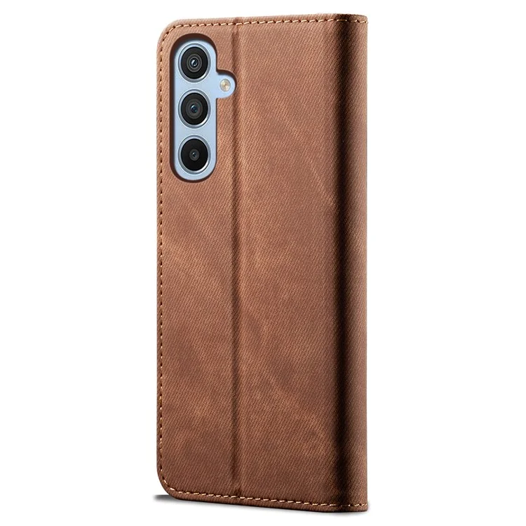 Custodia per Samsung Galaxy A26 5G in tessuto di jeans, con texture anti-graffio e supporto in pelle - Caffè