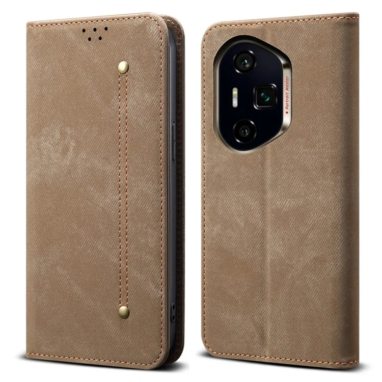 For Honor 300 Pro Case Jeans Cloth Texture Anti-Scratch Leather Stand Phone Cover - Khaki