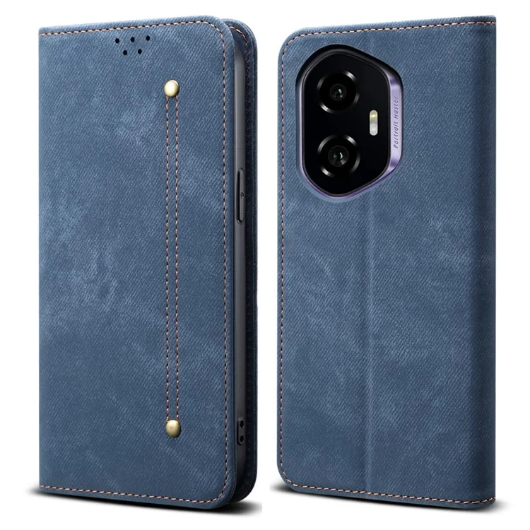 Custodia per telefono in tessuto di jeans con texture anti-graffio e supporto in pelle - Blu