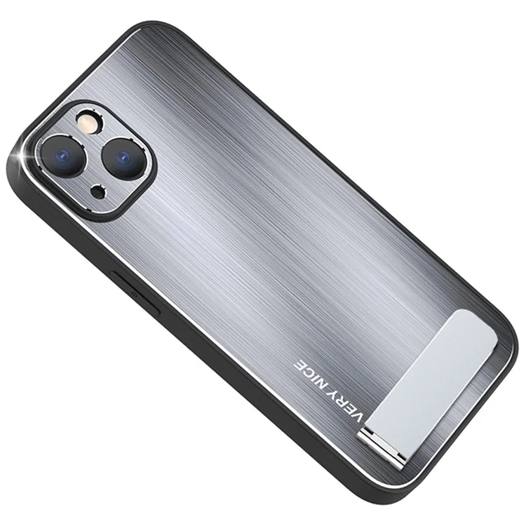 For iPhone 14 Plus Kickstand Phone Case TPU Frame Brushed Aluminium Alloy Anti-scratch Back Cover - Silver