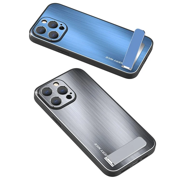 Pour Iphone 14 Pro Max Kickstand Brossed Phone Case TPU + Aluminium Alloy Tocoping Hybrid Cover - Bleu