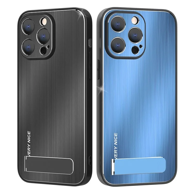 Pour Iphone 14 Pro Max Kickstand Brossed Phone Case TPU + Aluminium Alloy Tocoping Hybrid Cover - Bleu