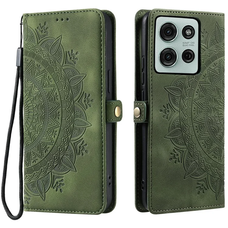 Estilo 016 Para Motorola Moto G75 5G Capa Pele de Sensação Totem Gravada Carteira de Couro Capa de Telefone - Verde Escuro