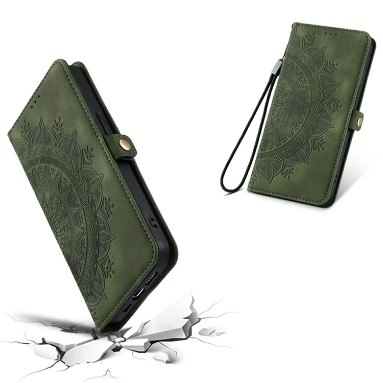 Estilo 016 Para Motorola Moto G75 5G Capa Pele de Sensação Totem Gravada Carteira de Couro Capa de Telefone - Verde Escuro
