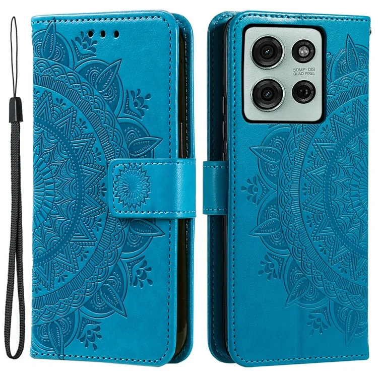 Étui pour Motorola Moto G75 5G, en cuir PU avec impression totem, support portefeuille - Bleu