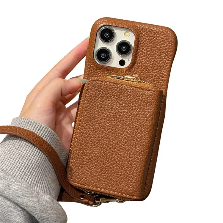 Funda para iPhone 15 Pro Max con ranuras para tarjetas, cremallera y correa de muñeca, de piel sintética - Marrón oscuro